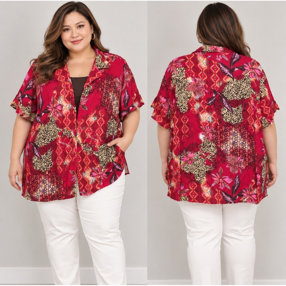 Notations Woman 3X Claret Red Leopard Floral Mixed Print Layered Shirt NWT